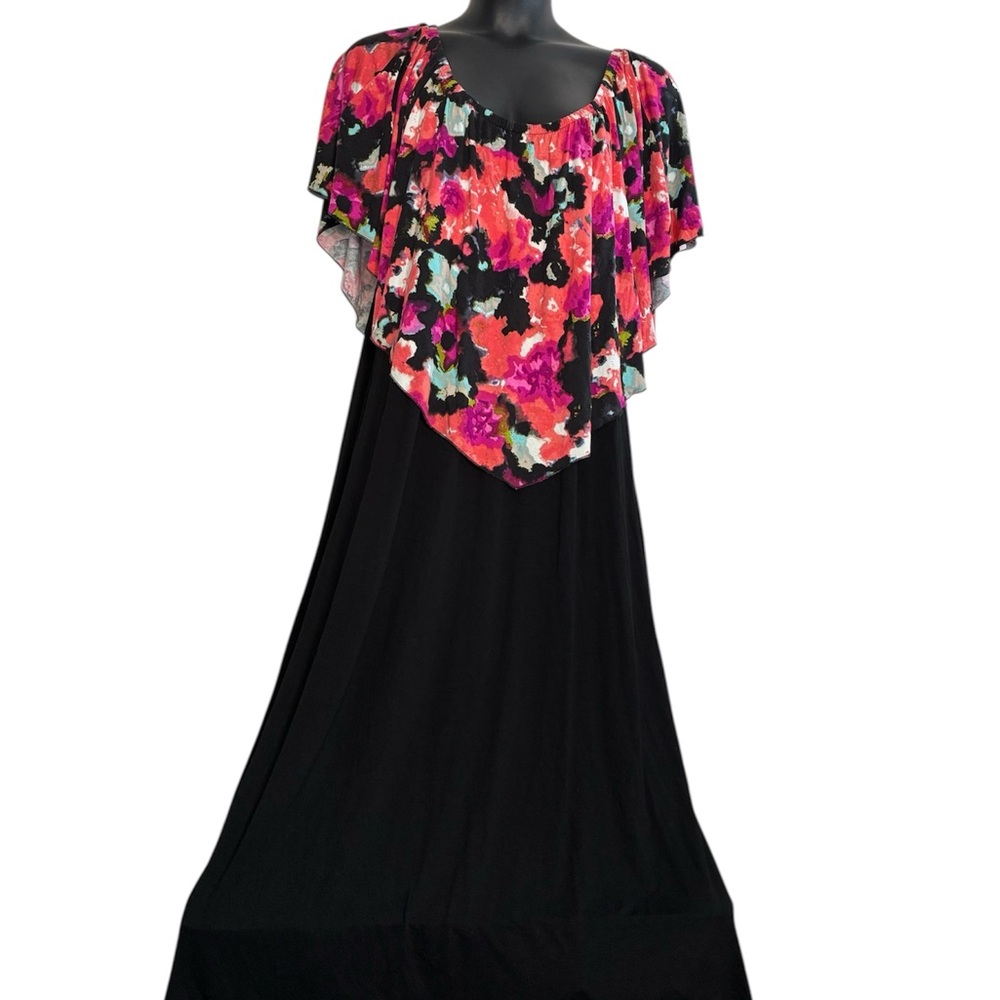 Avenue Black Maxi Dress with Pink Floral Capelet 26/28 New